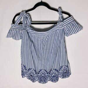 Guess Blue White Striped Off Shoulder Eyelet Trim Top M